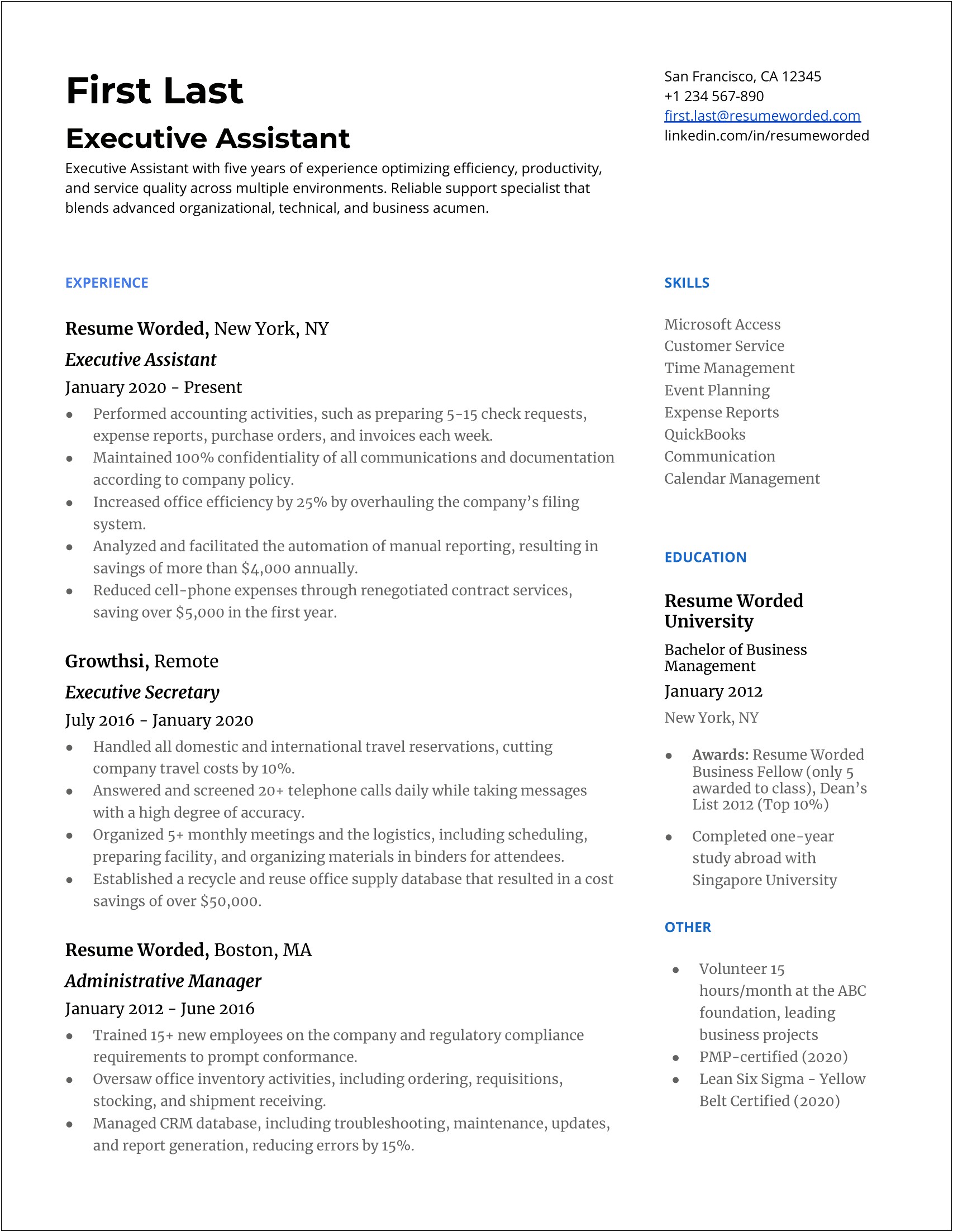 House Managerpersonal Assistant Resume