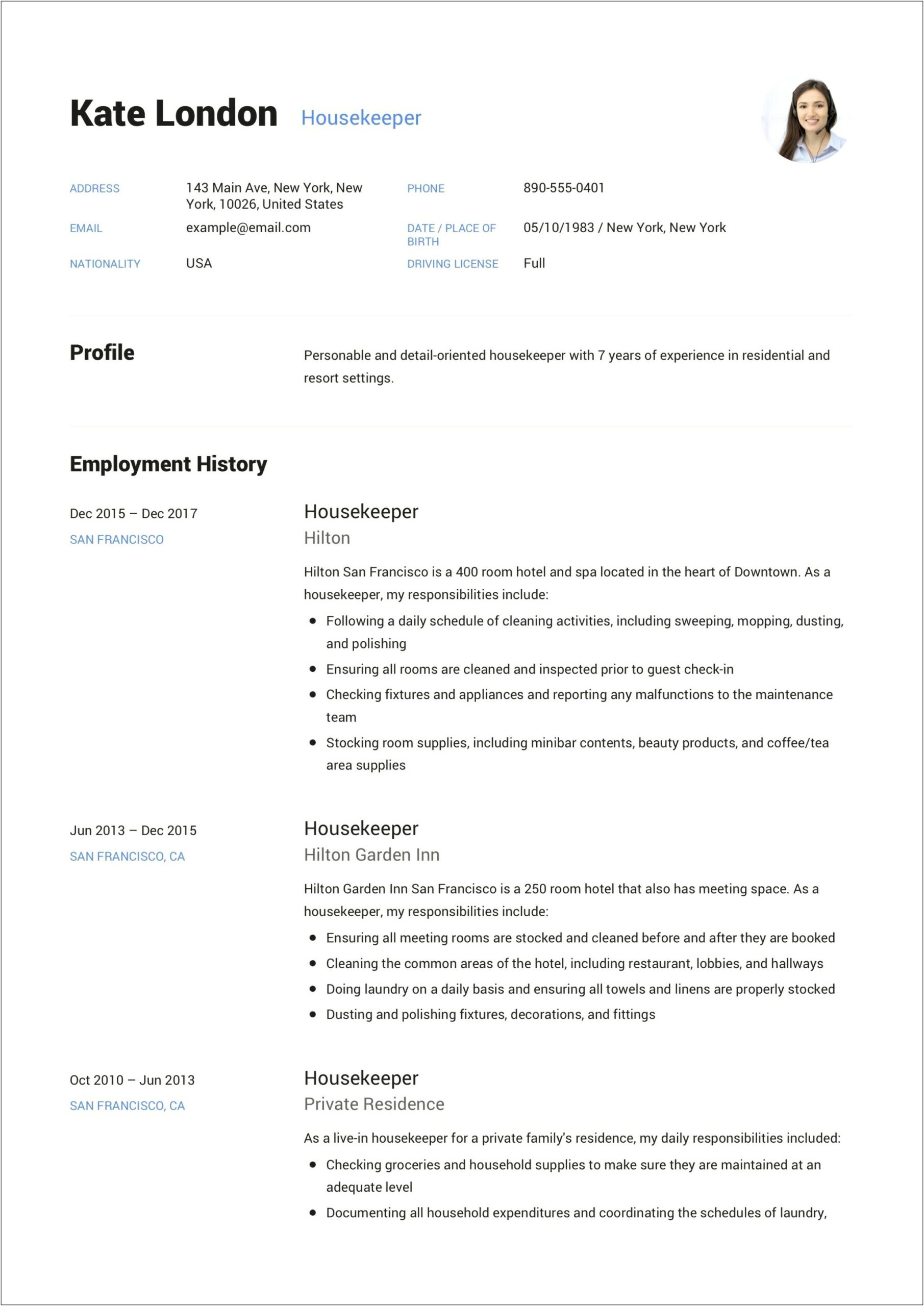 Housekeeper Job Description For Resume Residentia
