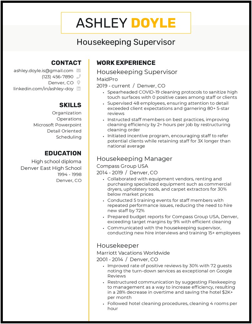 Housekeeping Supervisor Resume Sample Pdf