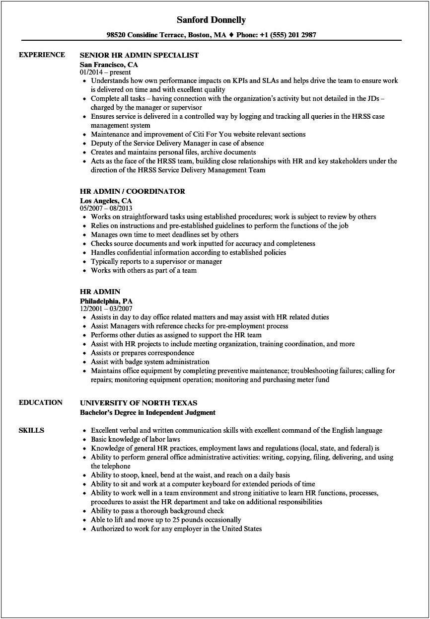 Hr And Administration Manager Resume