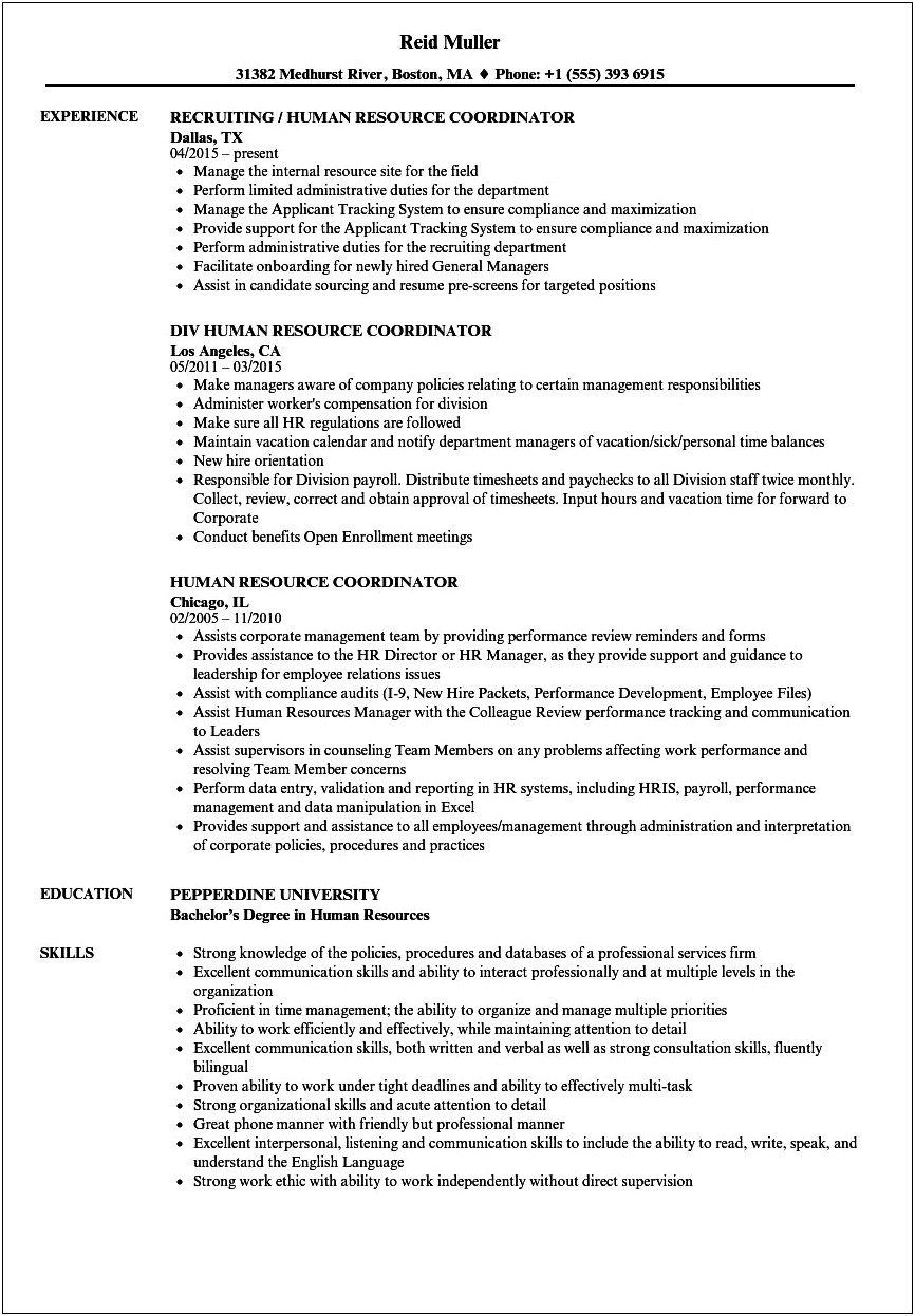 Hr Coordinator Job Description Resume
