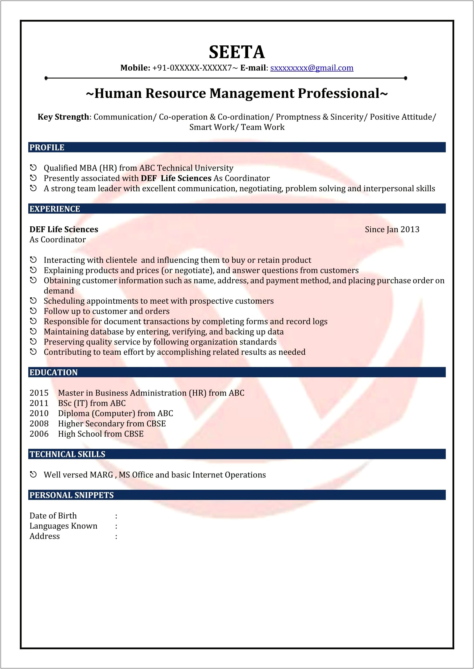 Hr Executive Resume Templates Free Download