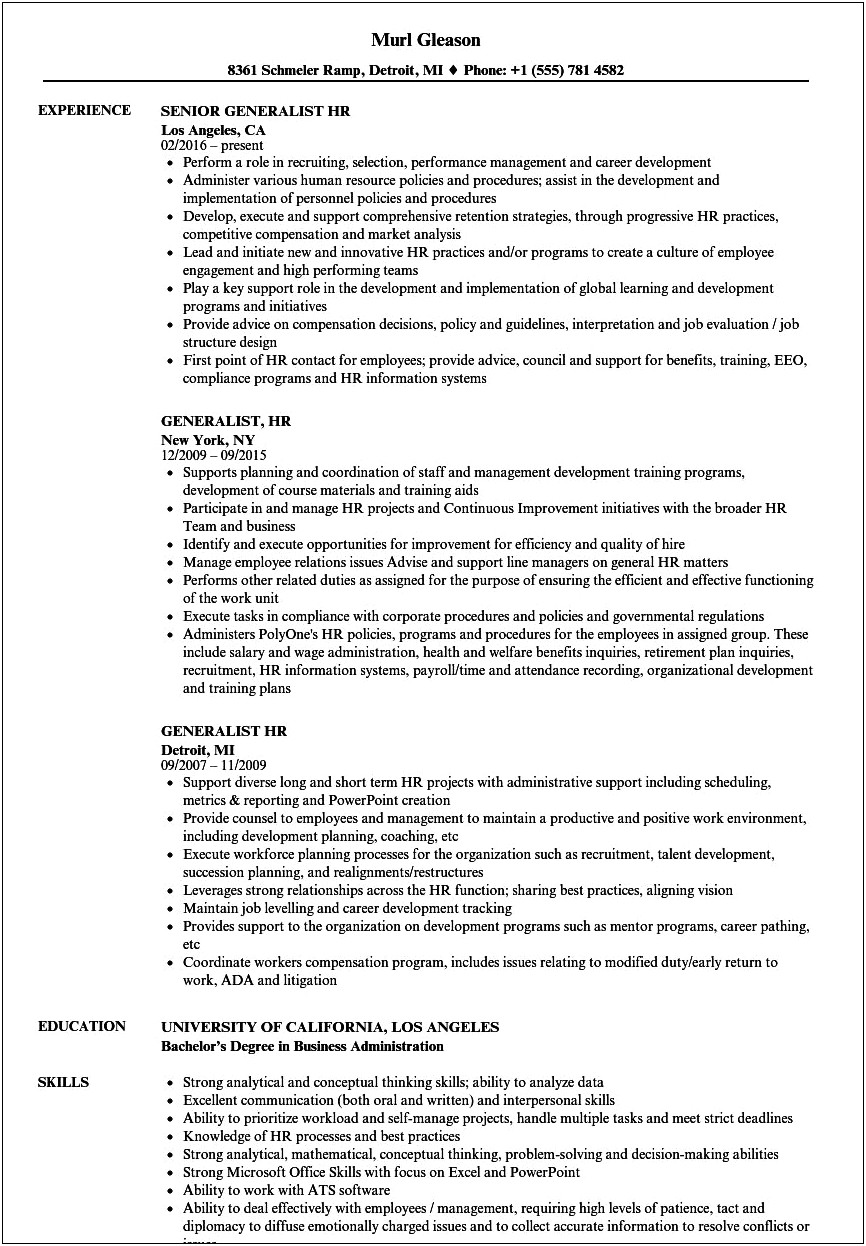 Hr Generalist Resume With 2 Years Experience