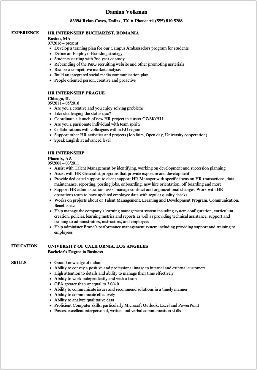 Hr Internship Job Description Resume