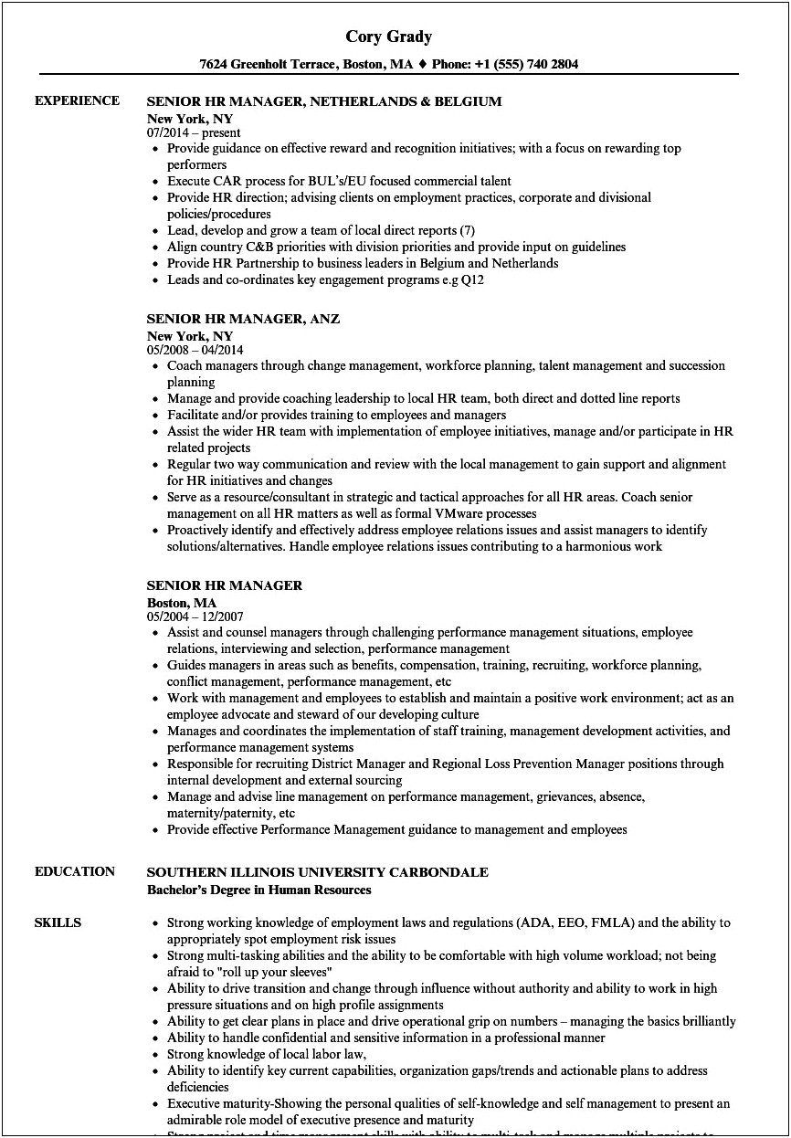 Hr Manager Resume Format For Experienced