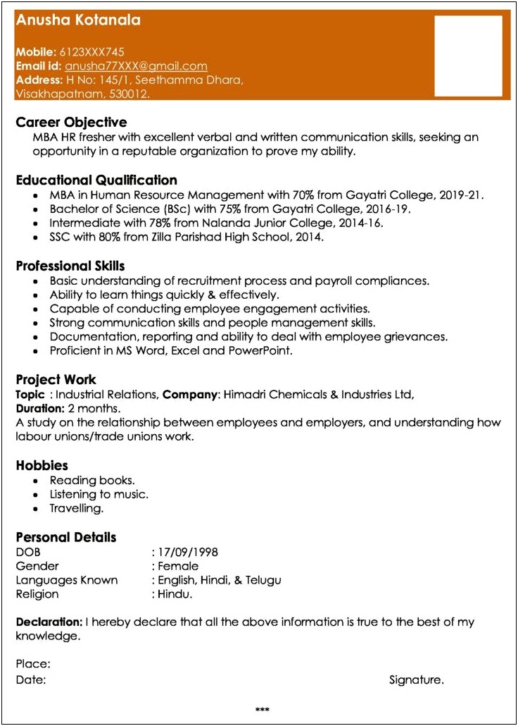 Hr Manager Resume In India