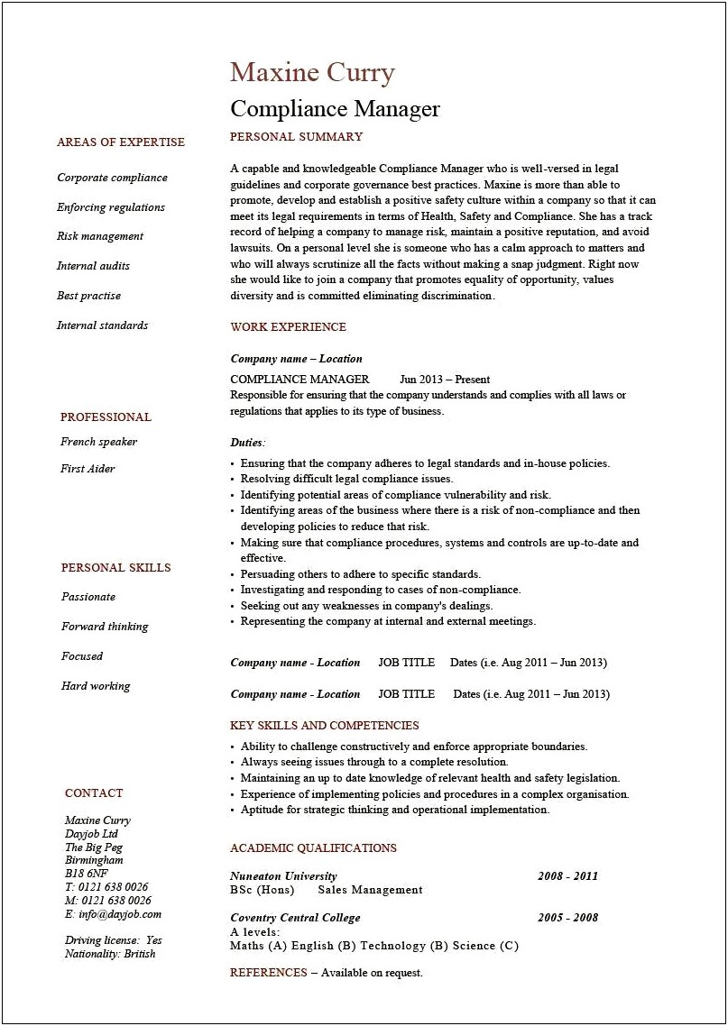 Hr Manager Resume Word Format