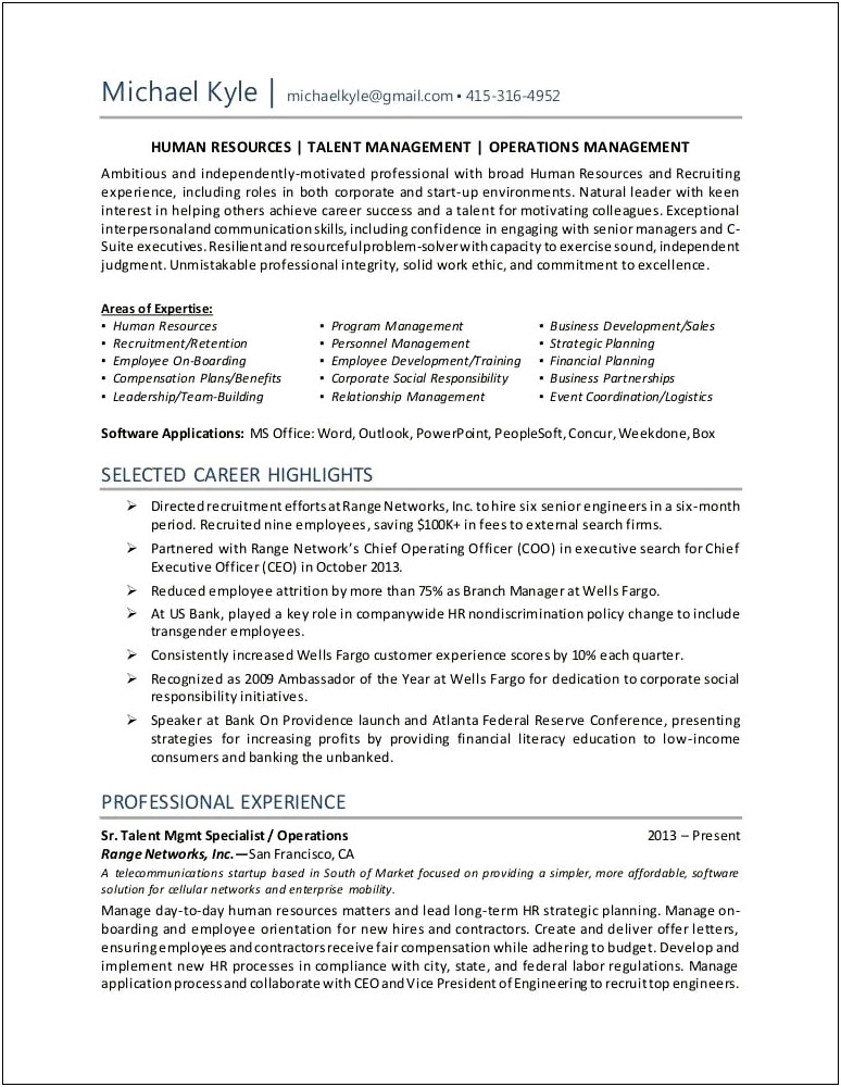 Hr Operations Specialist Resume Sample