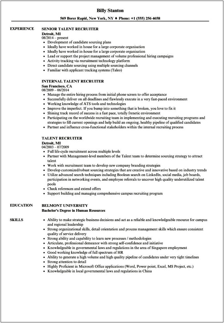 Hr Recruiter Resume For 1 Year Experience