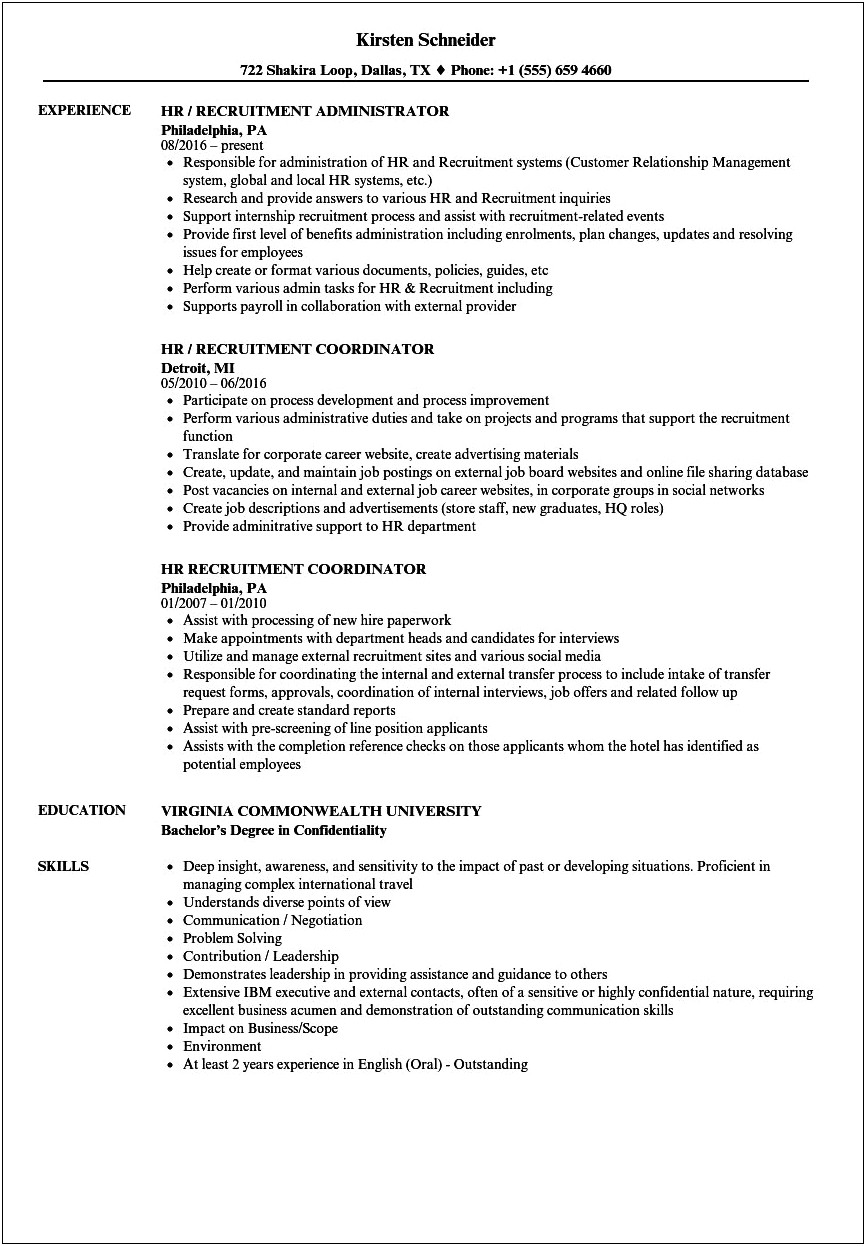 Hr Recruiter Resume For 6 Months Experience