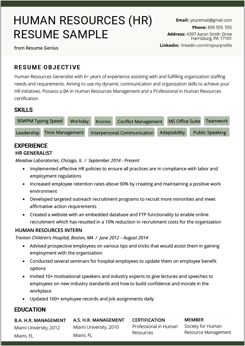 Hr Resume Objective Statement Examples