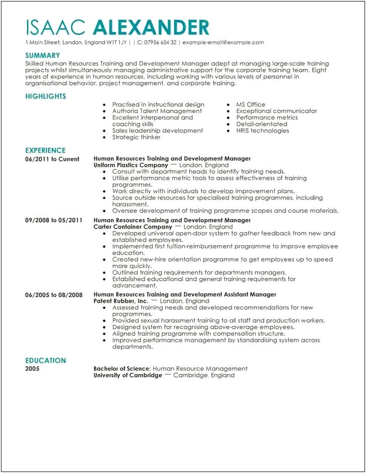 Hr Training And Development Manager Resume