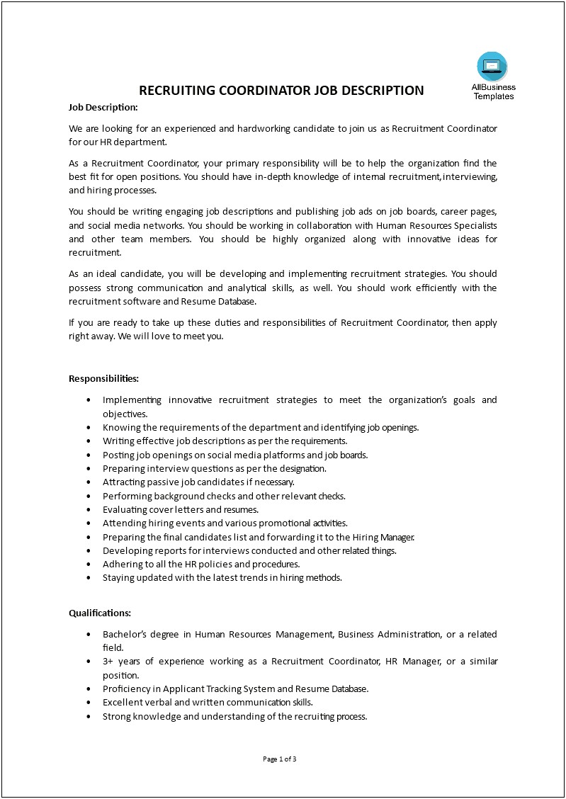 Human Resource Coordinator Job Description For Resume
