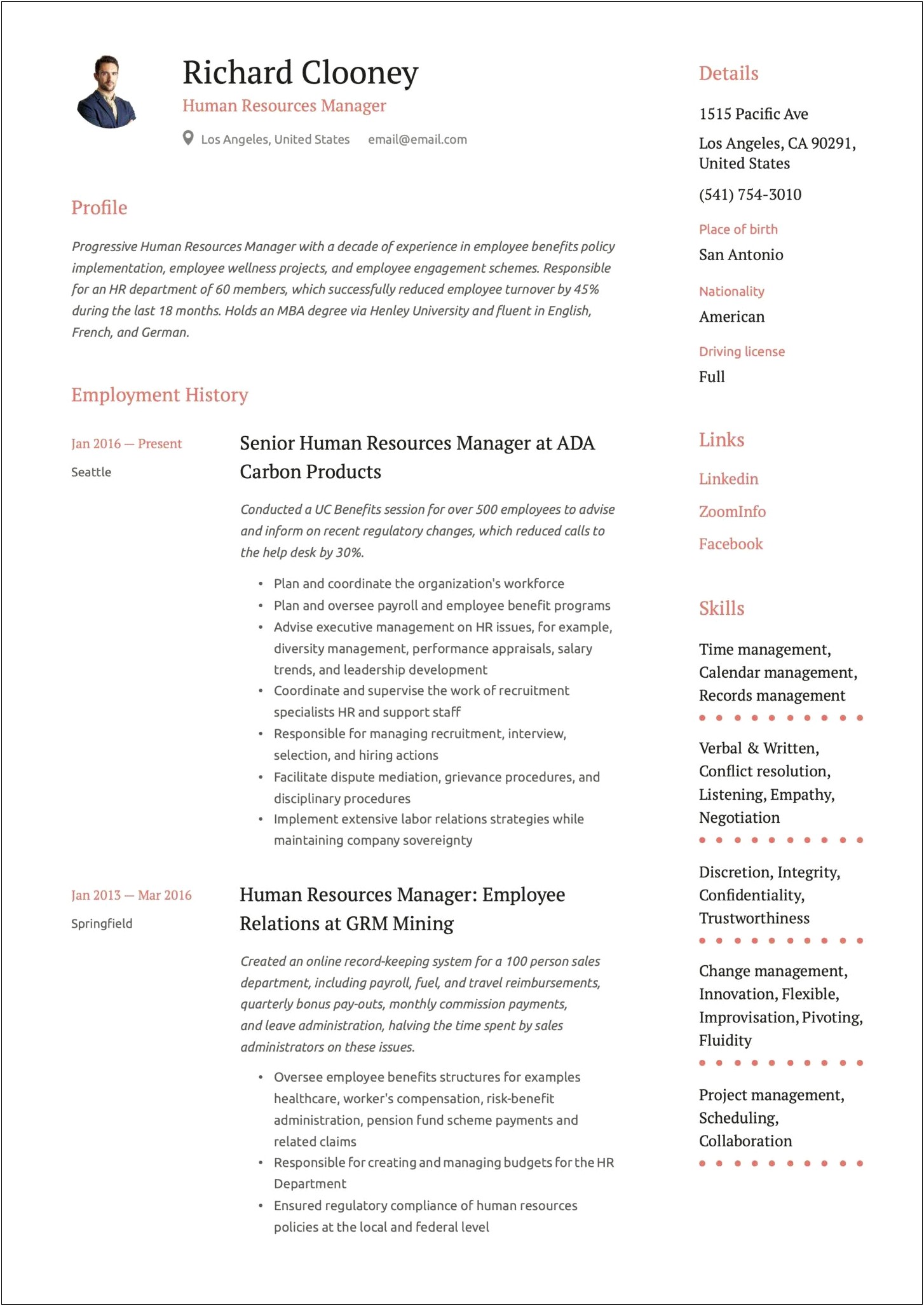 Human Resource Management Skills Resume