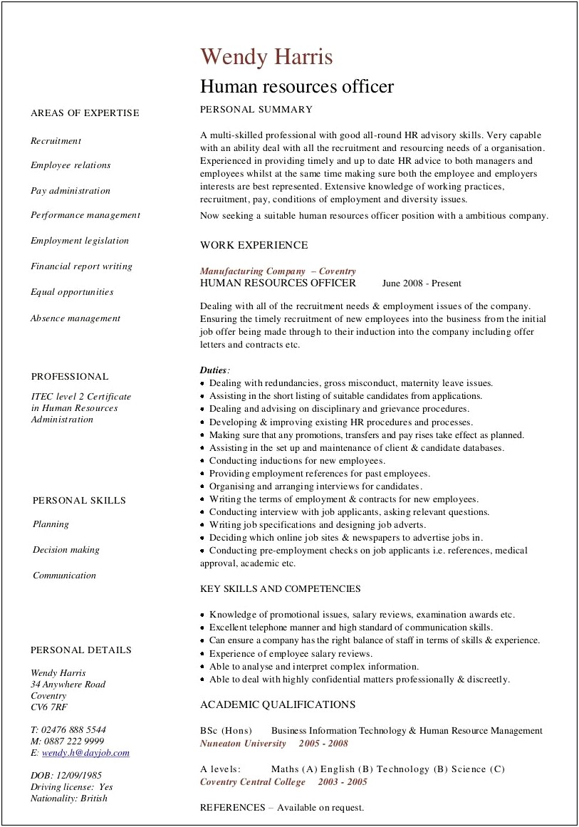 Human Resource Manager Description For Resume