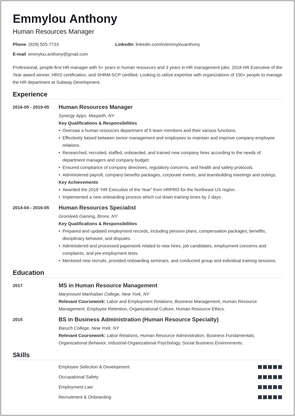 Human Resource Manager In Health Sample Resume