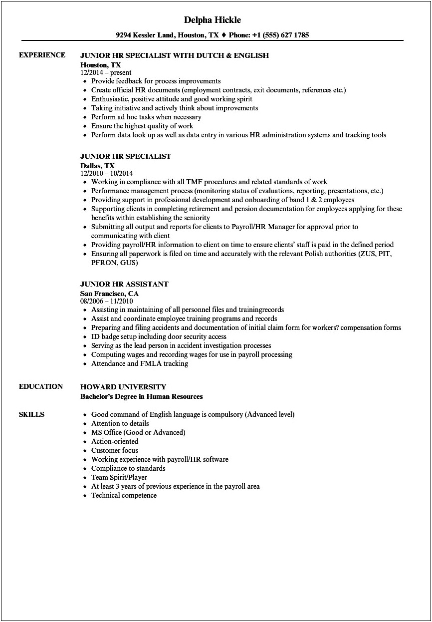 Human Resource Resume Entry Level Sample