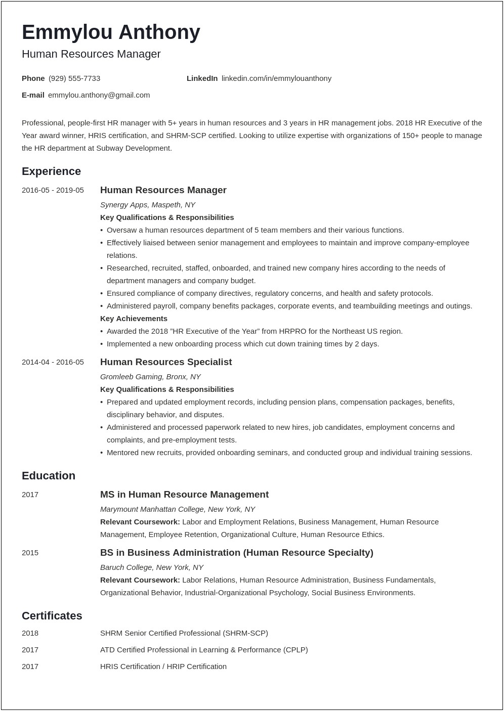 Human Resource Sample Resume Objective