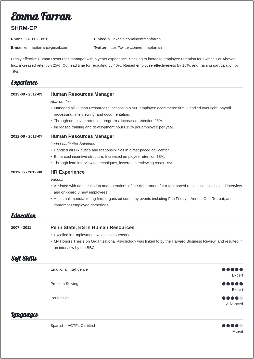 Human Resource Specialist Objective Resume