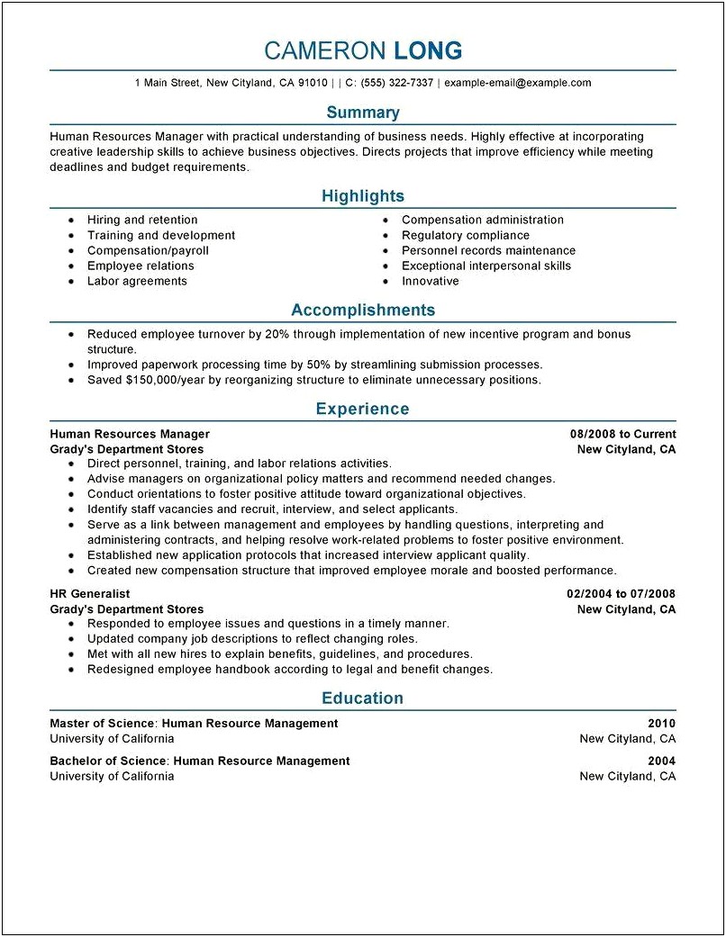 Human Resources And Payroll Manager Resume