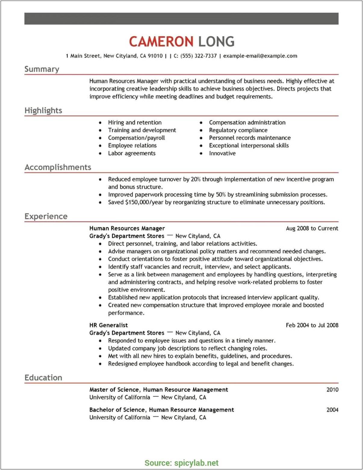 Human Resources Benefits Manager Resume