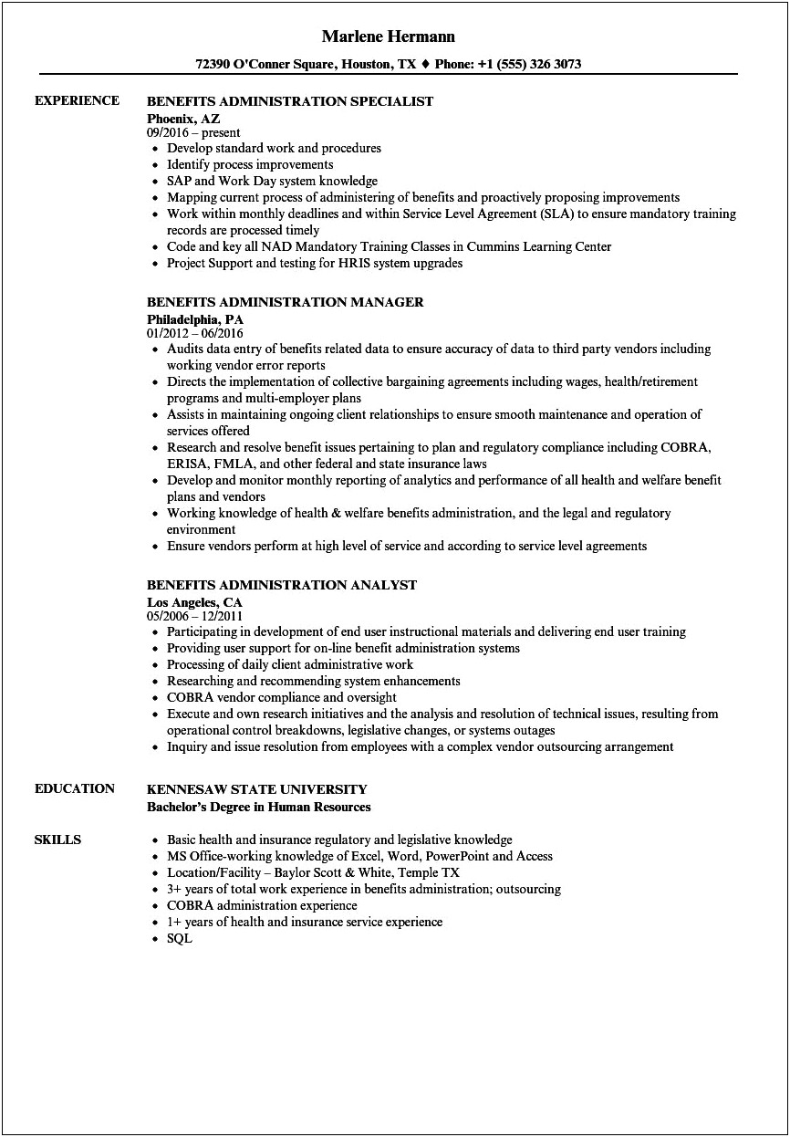Human Resources Benefits Specialist Resume Sample