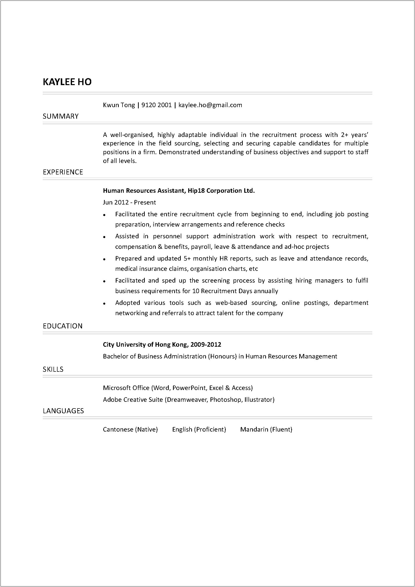 Human Resources Entry Level Resume Examples