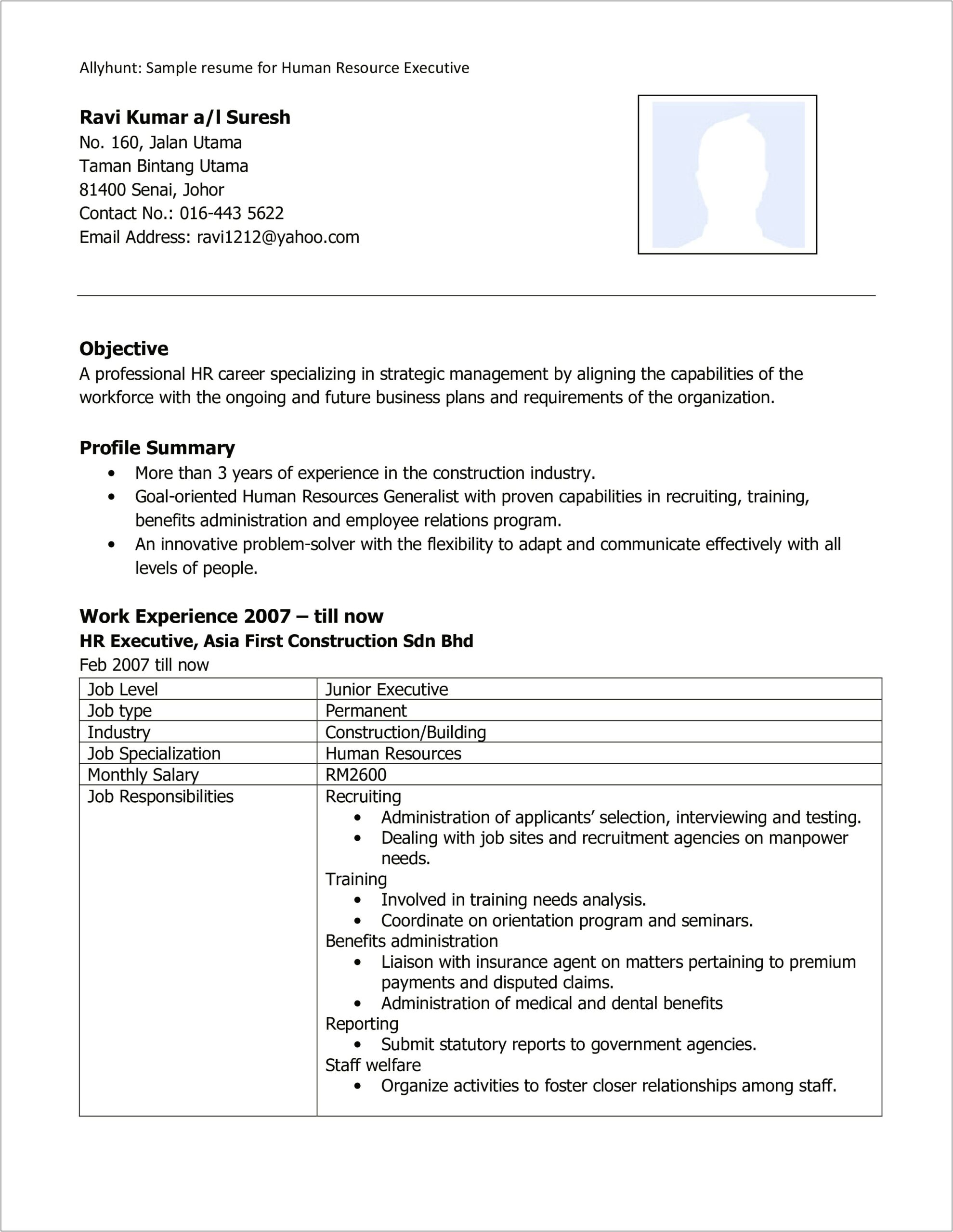 Human Resources Executive Sample Resume