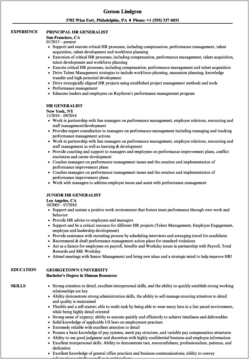 Human Resources Generalist Job Description Resume