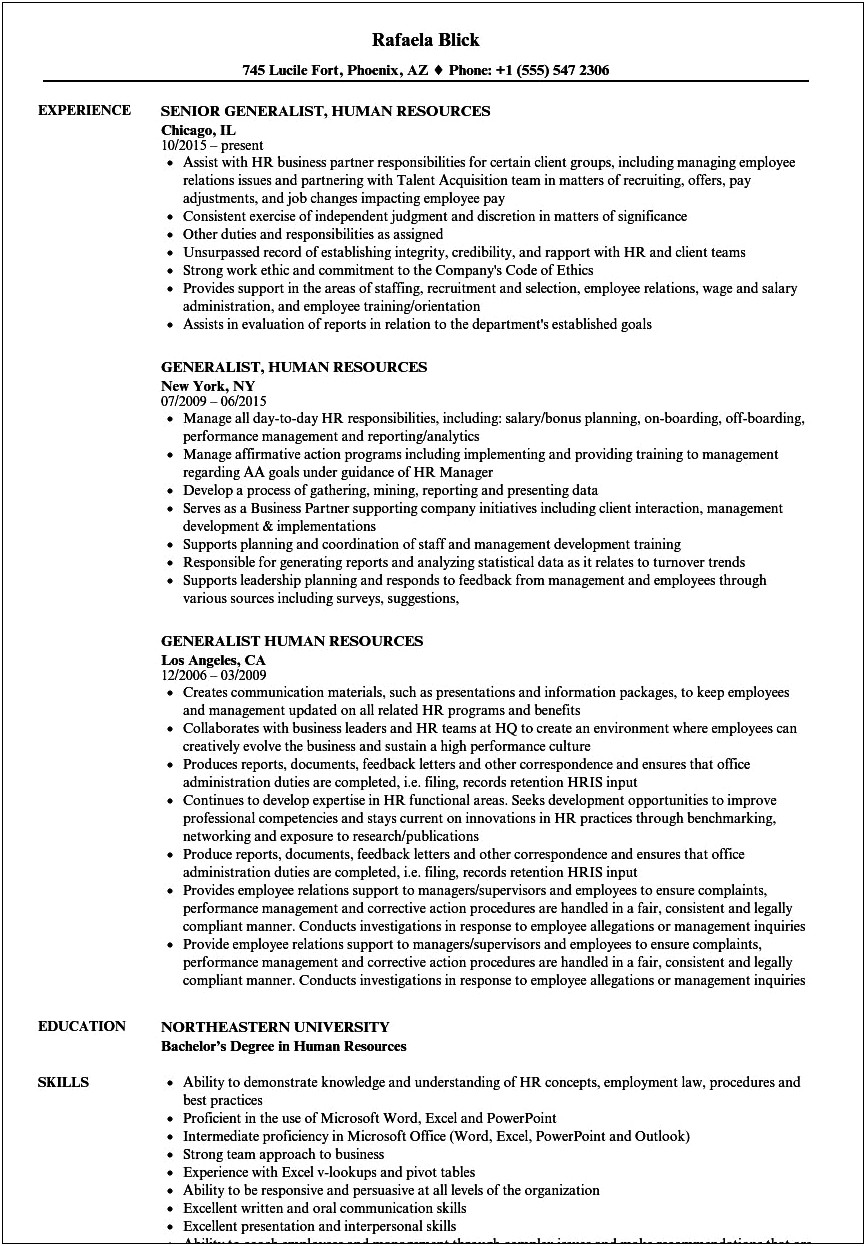 Human Resources Generalist Job Resume Objective