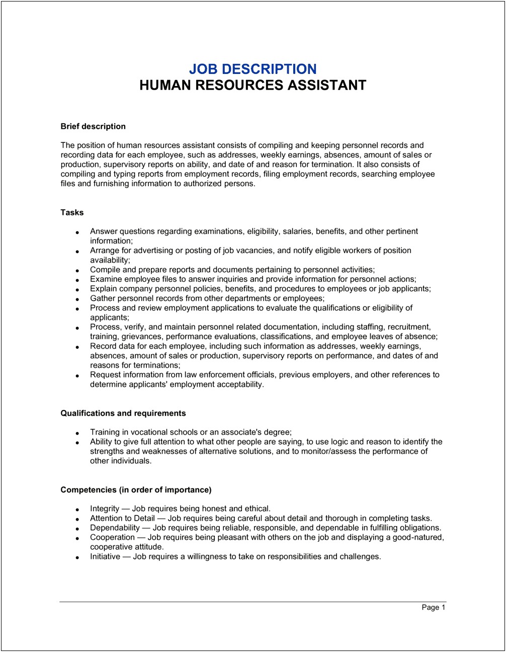 Human Resources Job Duties For Resume
