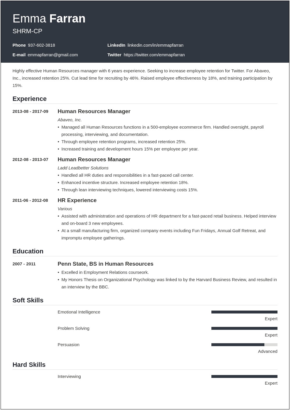 Human Resources Job Summary Resume