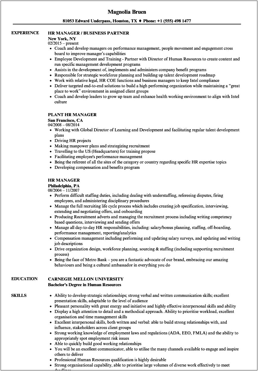 Human Resources Manager Responsibilities Resume