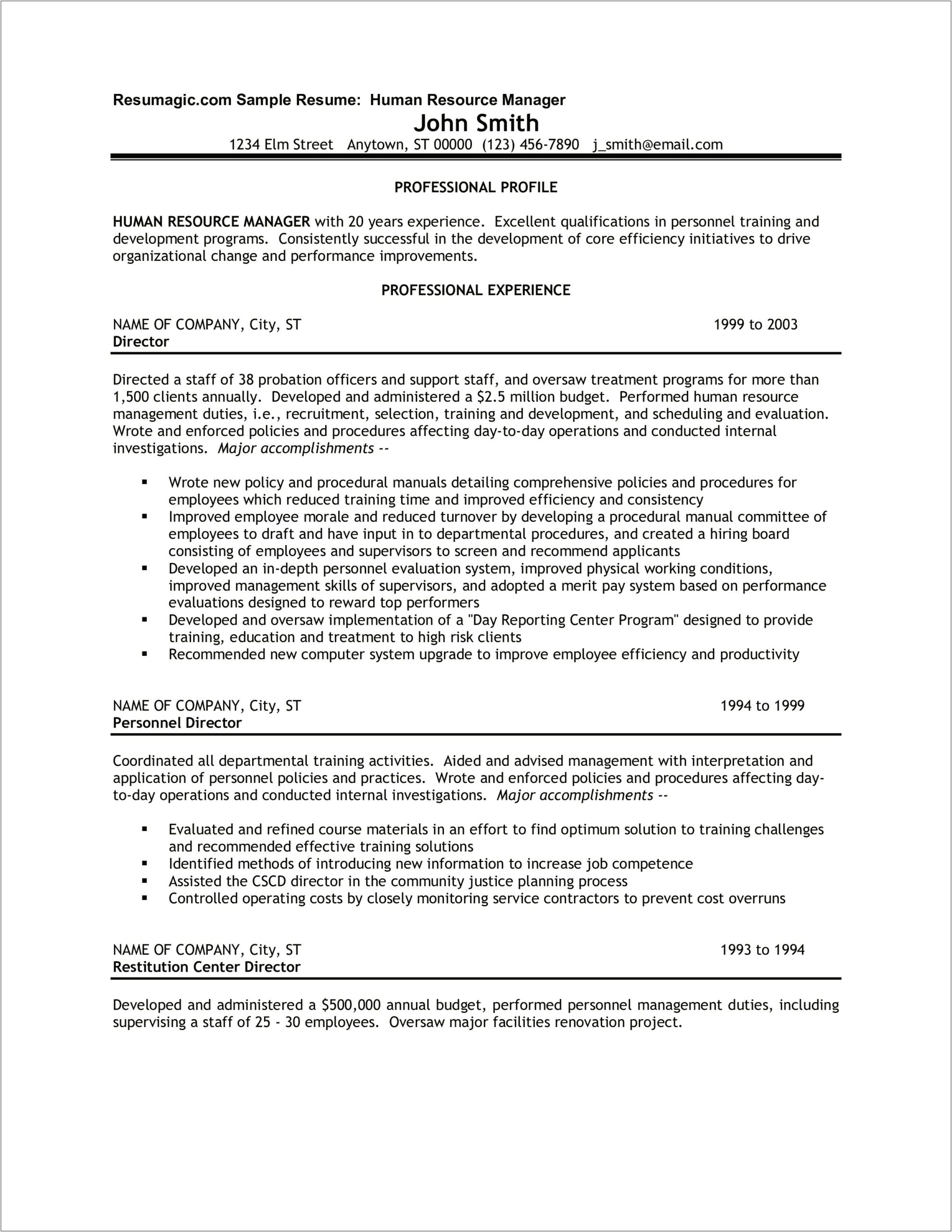 Human Resources Manager Resume Doc