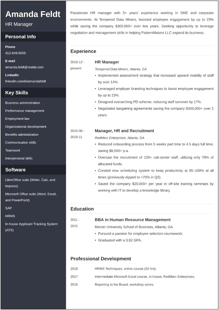 Human Resources Manager Resume Profile