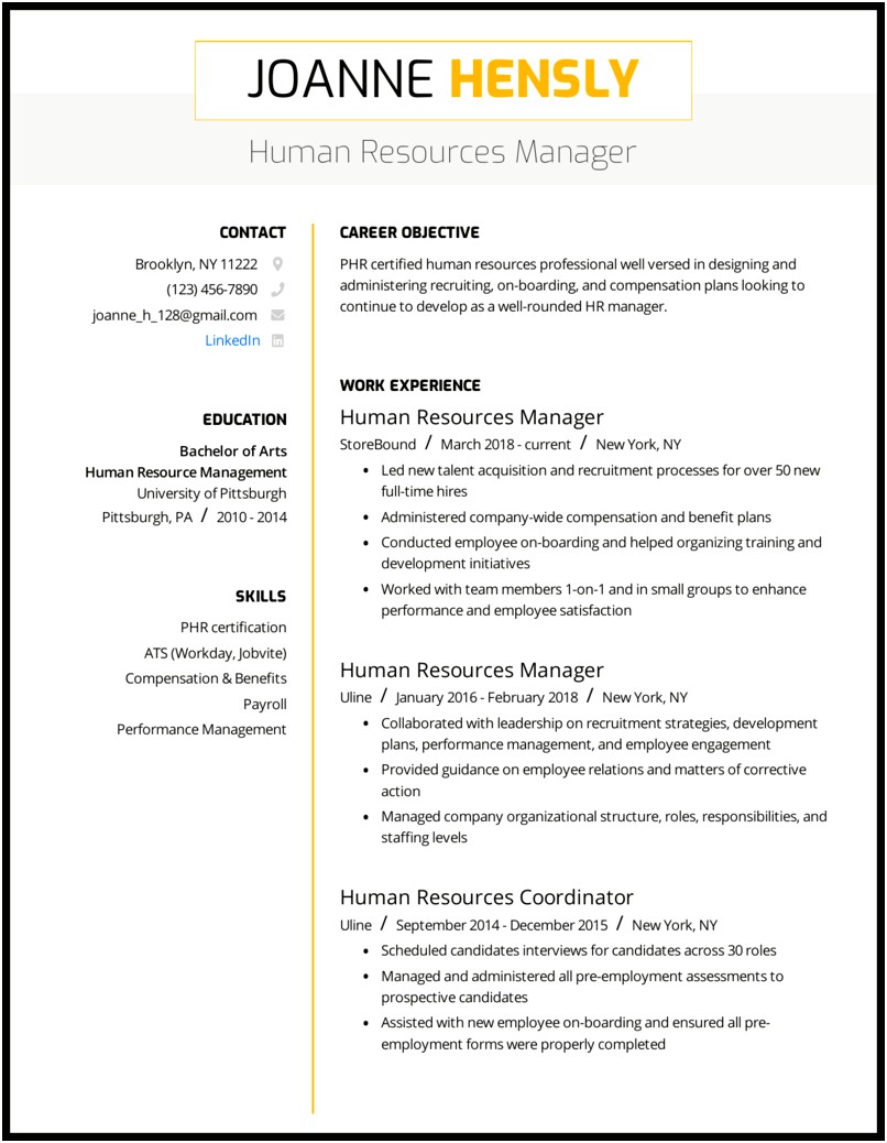 Human Resources Resume Sample Color
