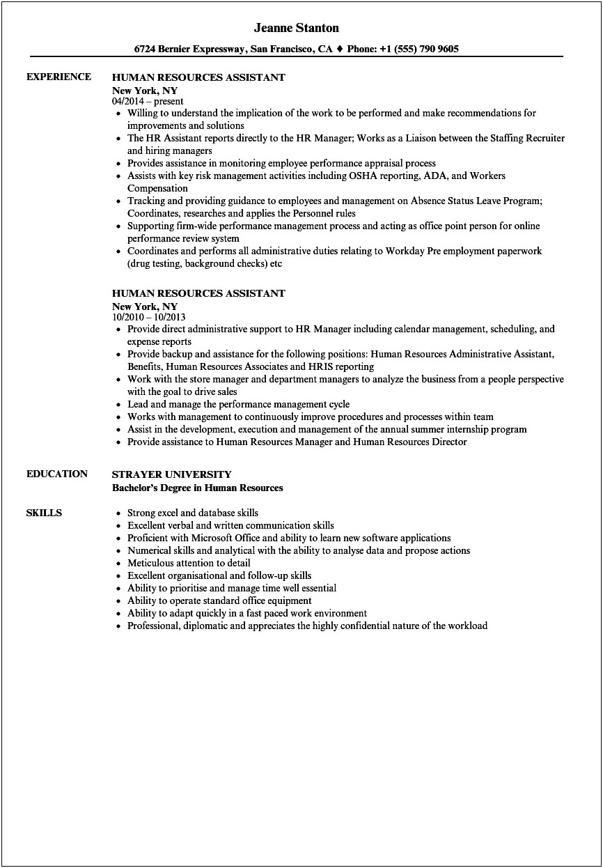 Human Resources Sample Resume Entry Level