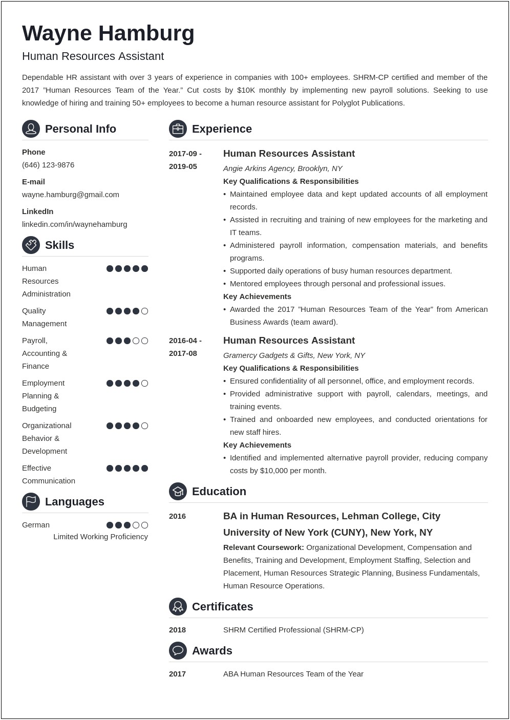 Human Resources Summary Of Qualifications Resume Sample