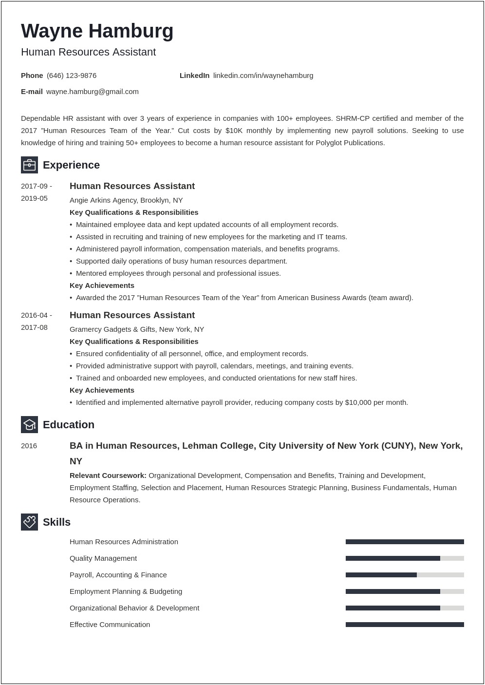 Human Resources Summary Resume With No Experience