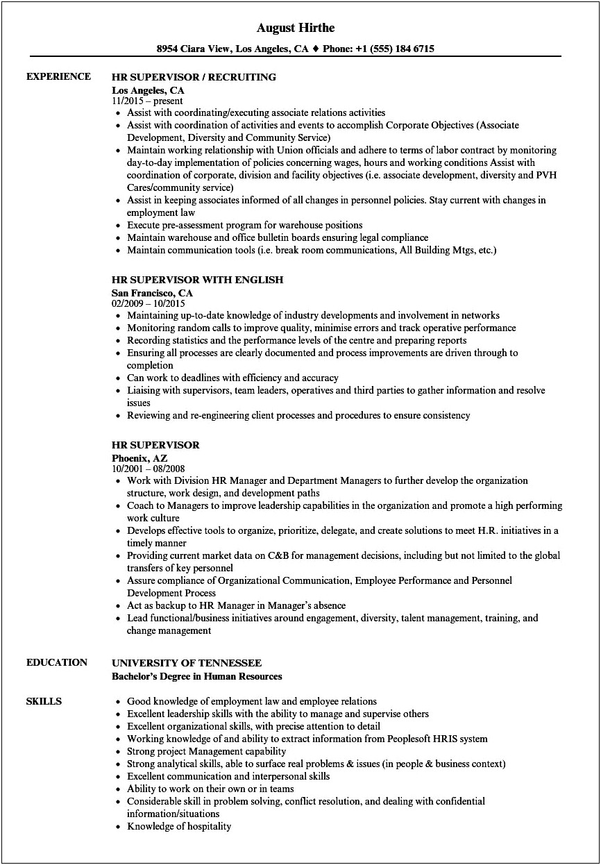Human Resources Supervisor Resume Example