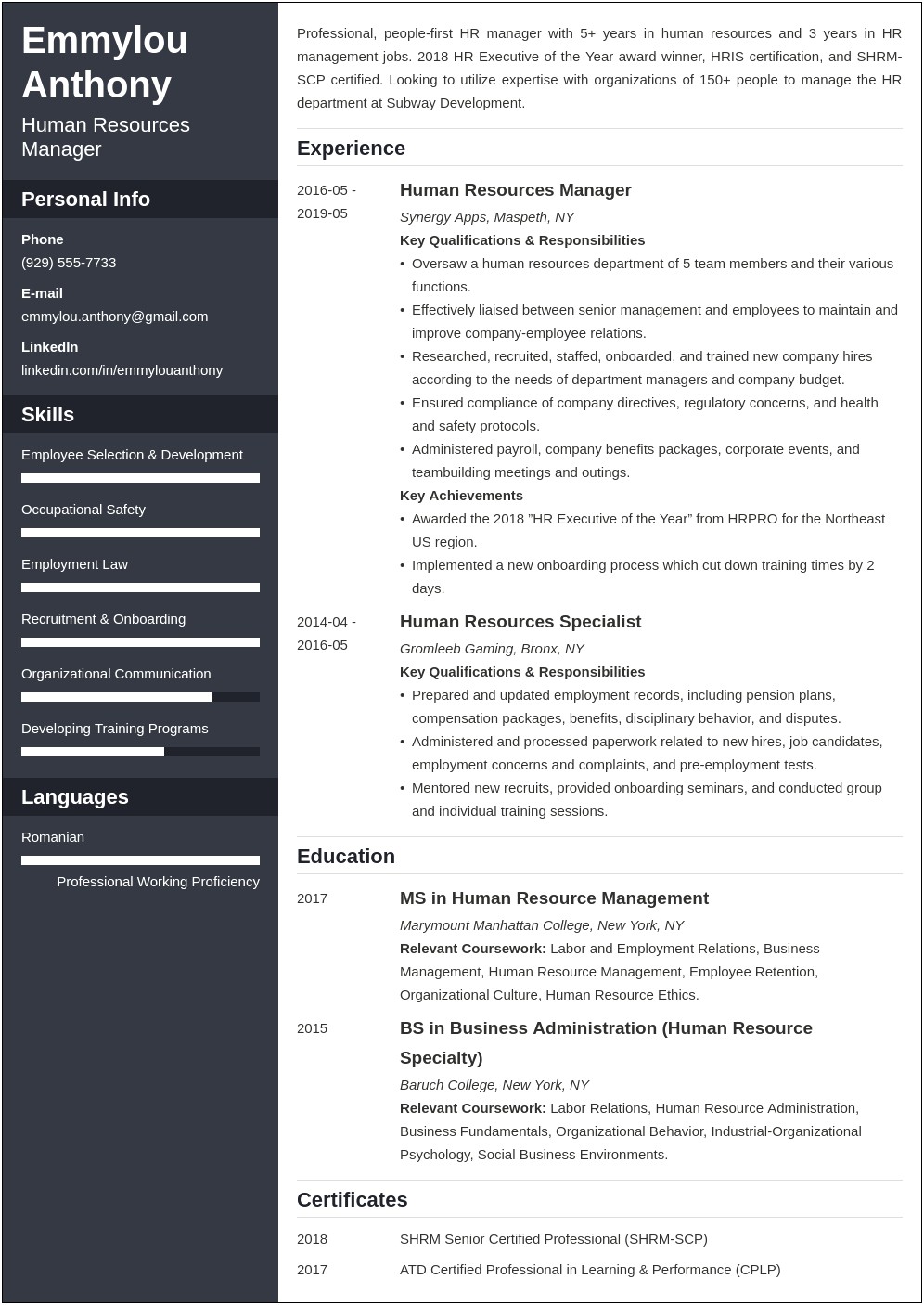 Human Resources Traning Manager Resume