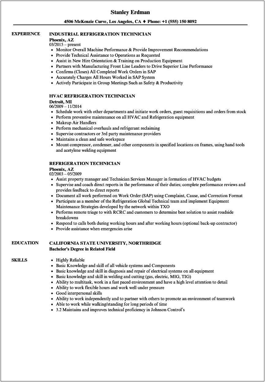 Hvac And Refrigeration Manager Resume Examples