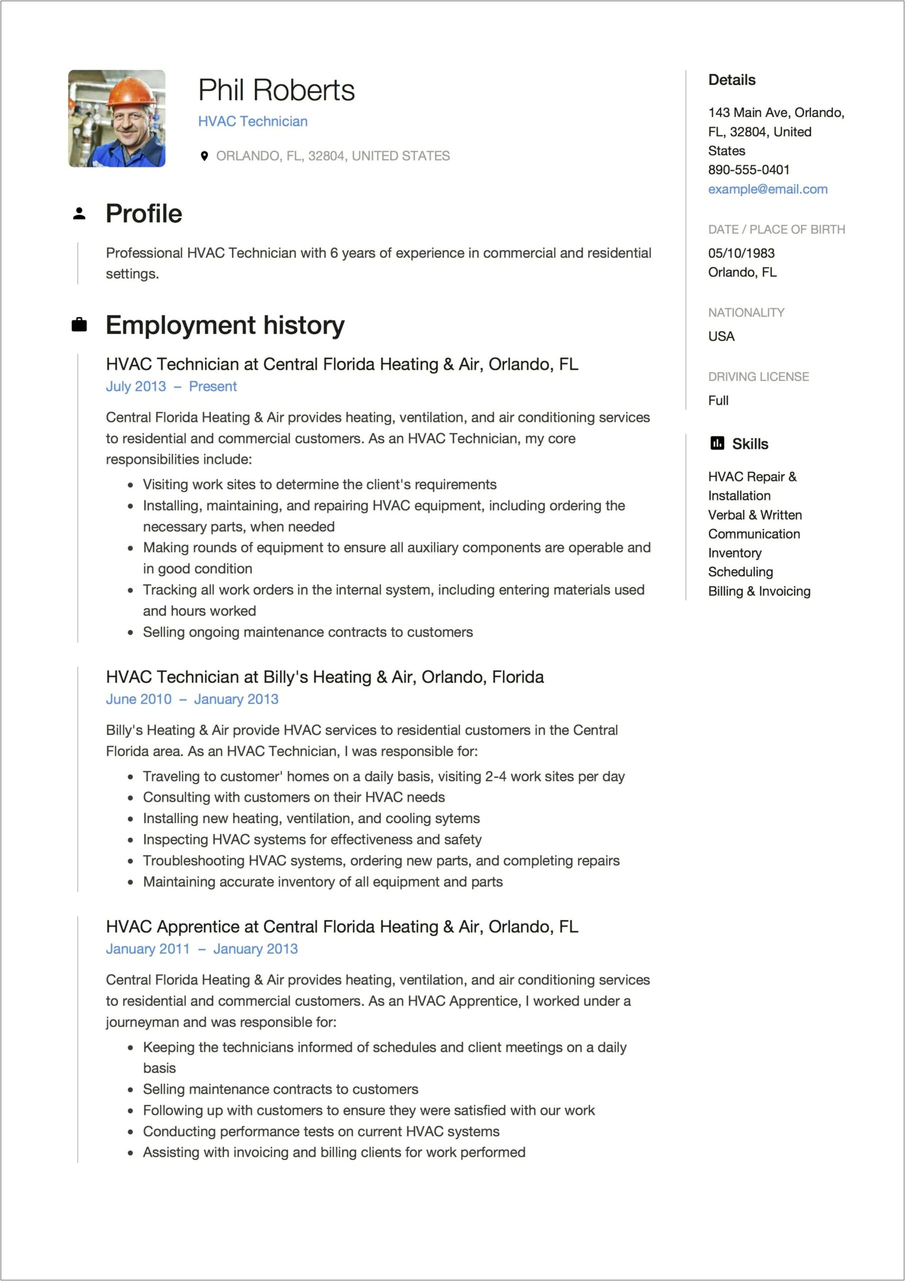 Hvac Helper Job Description For Resume