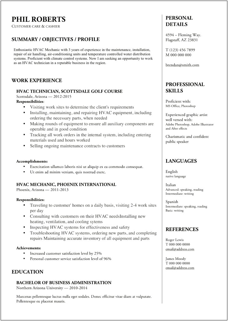 Hvac Journeyman Job Description Resume