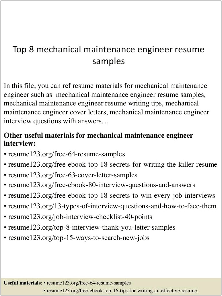 Hvac Maintenance Engineer Resume Sample