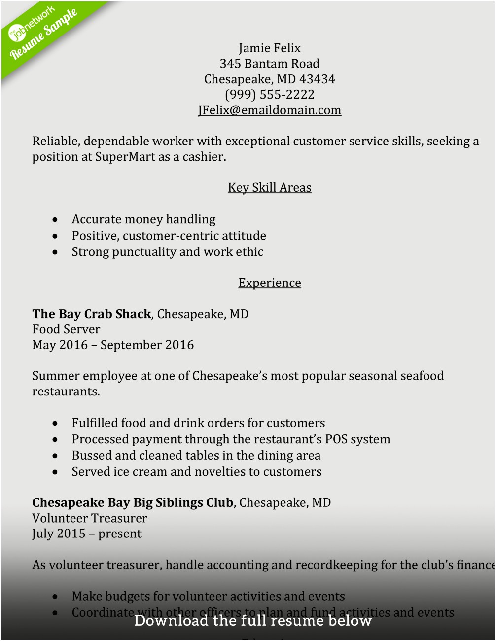 Ice Cream Server Job Description For Resume