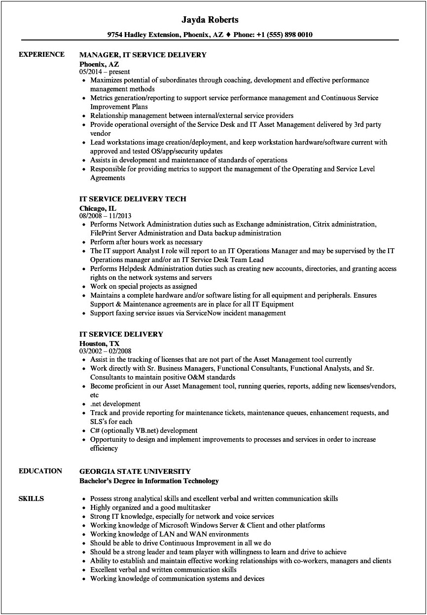 Ict Service Delivery Manager Resume