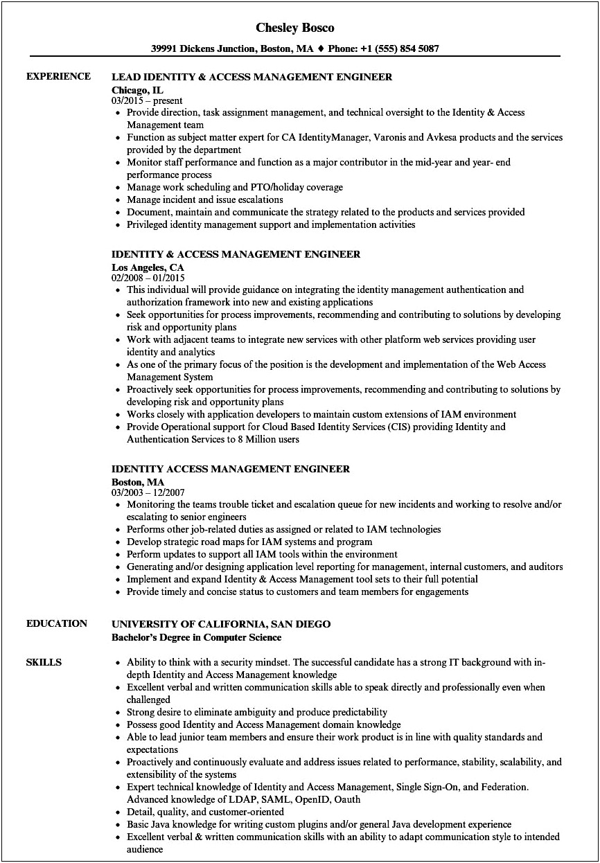 Identity And Access Management Manager Resume