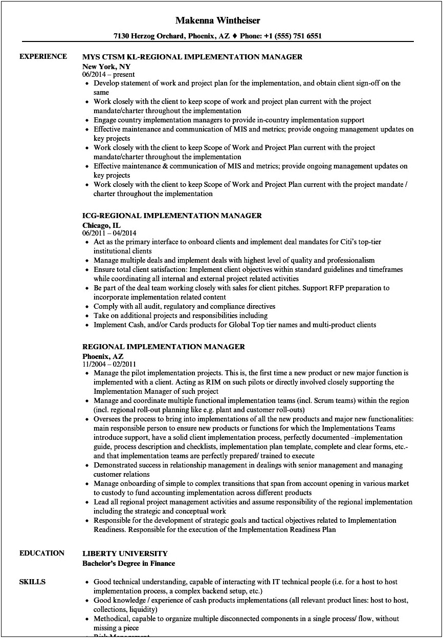 Implementation Manager Job Description Resume