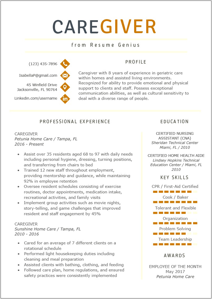 In Home Cargiver Resume Example
